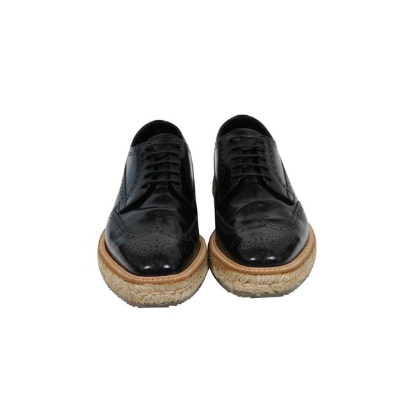 Prada Men Platform Brogue US9.5 UK8.5 Black Leather Wingtip Espadrille Medallion - Picture 2 of 11